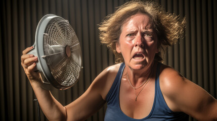 middle-aged woman with a fan trying to cool down