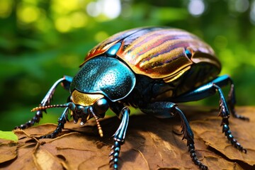 Fototapeta premium A detailed close-up photograph of a beetle resting on a leaf. This image captures the intricate patterns and colors of the beetle's body. Perfect for nature enthusiasts or educational materials about 