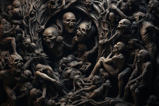 A large group of skulls sitting on top of a tree. This eerie image can be used to create a spooky atmosphere or depict themes related to death and Halloween.