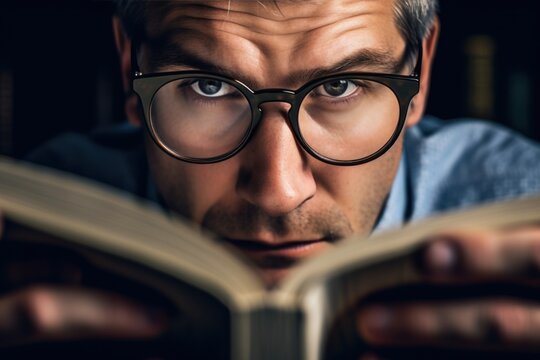 A man wearing glasses is engrossed in reading a book. This image can be used to depict education, knowledge, or leisure activities.
