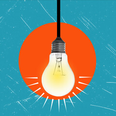Artistic Collage Illuminated Light Bulb within an Orange Circle on a Blue Background.