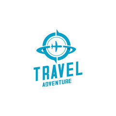 travel logo, a plane flies across a world compass sign
