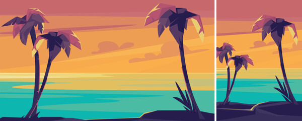 Palm trees and ocean at sunset. Summer landscape in different formats.