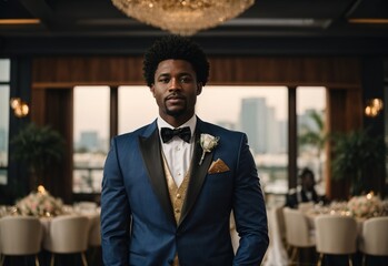 Bussines afro men wedding mc wearing suit outfit with wedding place in the Background
