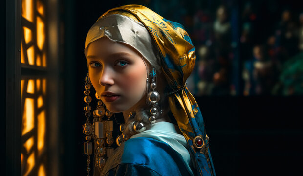 Artistic Intersection Traditional Dress Meets Classic Art in the Girl with a Pearl Earring Portrait, Classic Beauty  in Traditional Attire