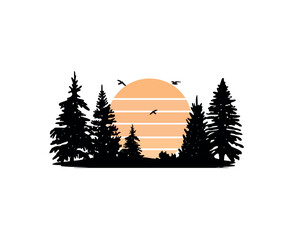 silhouette forest and orange sunset vector