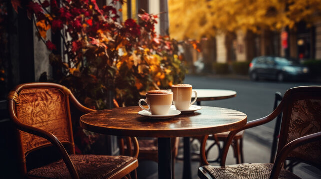 Autumn fall charming coffee shop or cafe with steaming cups of coffee and autumn decor, cozy autumn welcoming atmosphere. Warm Beverages, hot drinks Cups of steaming coffee on cafe table outdoor