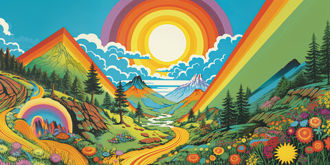 Hippie landscape background. Hand drawn Mounting, flowers, clouds, sun and rainbow in retro groovy style. Vintage 60-70s style horizontal poster