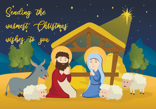 Christmas night background concept with people scene in the flat cartoon style. The picture shows the amazing expectation of Christ's birth. Vector illustration.