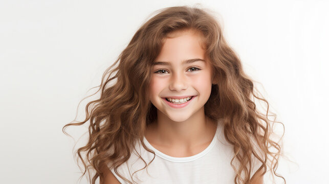 A close up photo portrait of a beautiful young girl kid smiling with clean teeth, isolated on white background