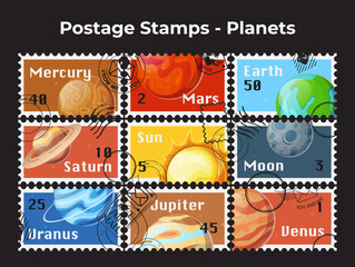 Postage stamps planets retro correspondence mark space elements stylization set vector flat