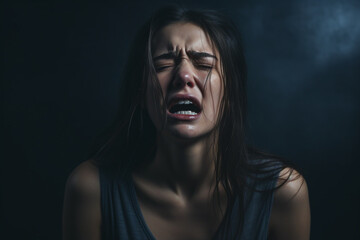 Anxiety, frustrated and trauma woman crying in dark studio for psychology and mental health mock up, Depressed, bipolar or angry girl shout for depression, mental health problem on a black background