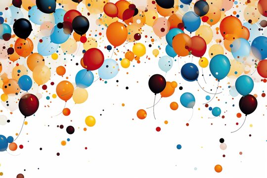 A festive watercolor background image depicting colorful balloons drifting in a whimsical and artistic style against a clean white backdrop. Illustration