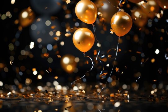 A customizable festive background image showcasing three golden balloons drifting away while golden confetti gracefully falls against a blurred background. Photorealistic illustration