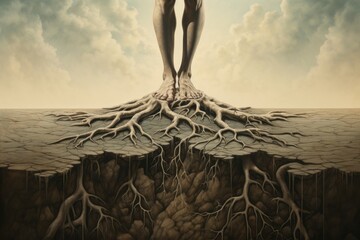 A surreal composition featuring a pair of feet that dissolve into roots that reach deep into the earth, symbolizing grounding and stability.