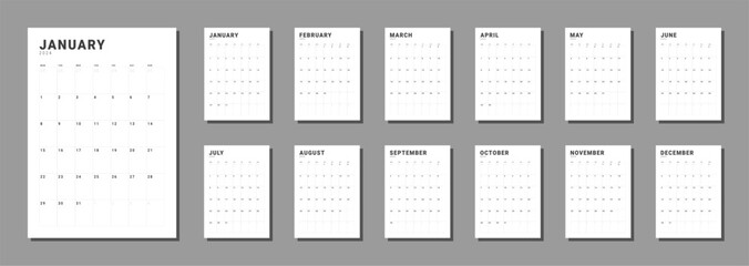 Set of Monthly pages Calendar Planner Templates 2024. Vector layout of a vertical simple calendar with week start Monday. Calendar grid in black color for print. Pages for size A4 or 21x29.7 cm