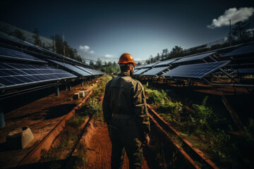 Back view of Caucasian engineer in hard hat inspecting solar power plant