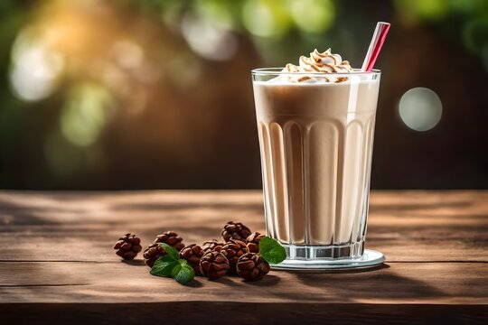 isolated glass of milkshake on the wooden table, blurred natural background, ultra realistic, digital art.