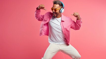 Man wearing pink suit, sneakers, headphones and sunglass, dancing in pink background