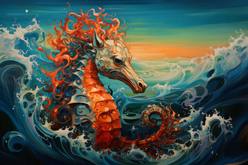A surrealistic portrayal of a seahorse with a body that dissolves into swirling ocean currents, emphasizing its connection to the sea.