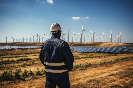 African engineer in hard hat at solar power plant with windmills farm.