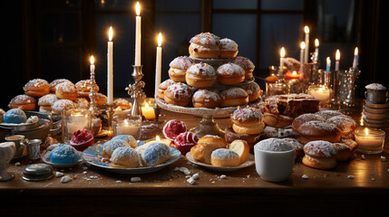A festive Hanukkah table adorned with silver menorahs, glistening dreidels, and a spread of delicious sufganiyot (jelly-filled donuts)