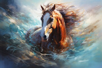 A dreamlike portrayal of a horse with a mane that transforms into a flowing river, creating a sense of movement and fluidity.