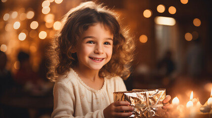 A child receiving a gift during Hanukkah, their eyes sparkling with joy and anticipation