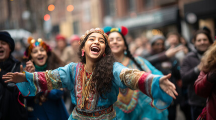 A joyful Hanukkah parade with participants dancing and singing in colorful costumes - obrazy, fototapety, plakaty