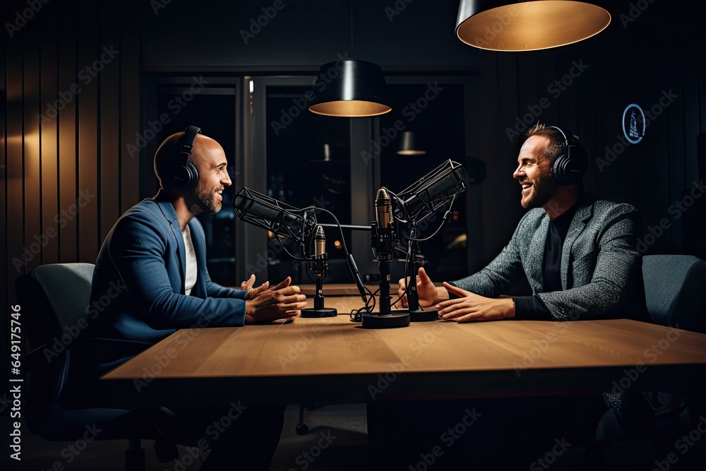 Wall mural woman and man in podcast studio