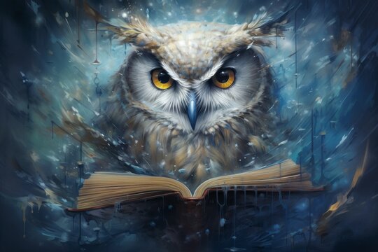 An abstract, surreal portrait of an owl with feathers that transform into pages of a floating book, representing wisdom and knowledge.