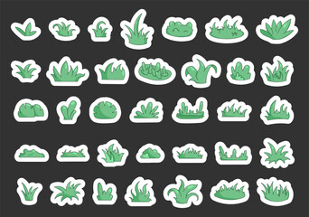 Growing grass and plant. Sticker Bookmark. Cultivated lawn and meadow. Vector drawing. Collection of design elements.