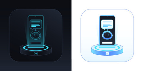 Mobile chatbot app. AI assistant for idea search and content generate. AI algorithms, chat bot integration to control and solving business tasks. Artificial intelligence solution. Vector illustration