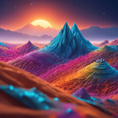 Create an expansive, macro-scale landscape that stretches beyond the limits of perception, featuring surreal geological formations against a vivid, gradient horizon. - obrazy, fototapety, plakaty