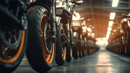 Motorbikes are lined up in the warehouse of a motorcycle manufacturing factory