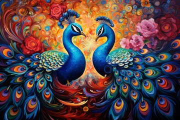 An abstract, surrealistic portrayal of two peacocks, their vibrant plumage transforming into a surreal, swirling tapestry of colors.