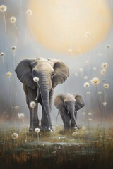 A whimsical, surrealist composition of two elephants defying gravity, floating through a sky filled with oversized dandelion seeds.