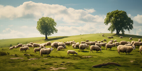 Herd of sheep on a green field with blue sky and sun Sheep Herd Under a Blue Sky A Picturesque Landscape AI Generative 
  - obrazy, fototapety, plakaty