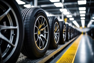 Rows of tire rubber on auto repair center shelf. - obrazy, fototapety, plakaty