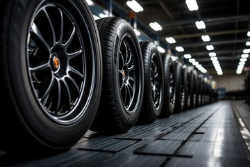 Fototapeta premium Rows of tire rubber on auto repair center shelf.