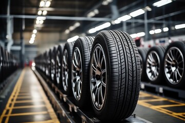 Rows of tire rubber on auto repair center shelf. - obrazy, fototapety, plakaty