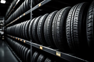 Rows of tire rubber on auto repair center shelf.