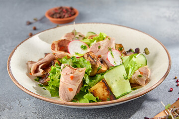  Low-angle shot capturing the tempting details of a baked meat salad with fresh vegetables. Served on a ceramic plate, gray concrete background