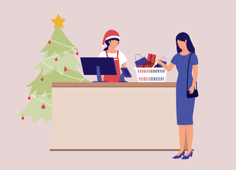 Woman Customer With Basket Filled With Christmas Present Standing At Checkout Counter Being Served By A Lady Cashier With Santa Hat And Apron. Full Length. Flat Design.