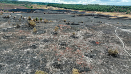 Aerial view of heathland after a wildfire