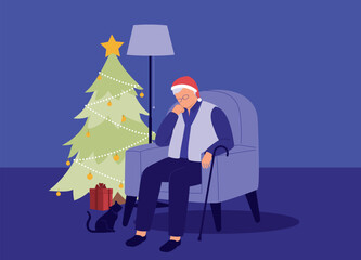 Fototapeta premium One Lonely Senior Man With Santa Hat Sitting On Couch Alone At Home During Christmas Season. Full Length. Flat Design.