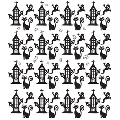 Vector seamless pattern for Halloween with orange smiling spooky pumpkins on dark blue background. Holiday backdrop for wrapping paper, fabric, textile, scrapbook.
