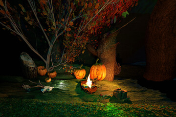 Halloween carved pumpkins in the night. 3D render illustration.