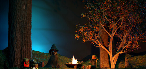 Halloween background. Witch with pumpkins making fire in spooky enchanted forest in the night. 3D render illustration.