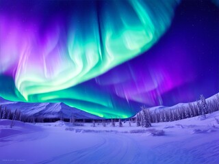 northern lights, winter forest and mountains. Background